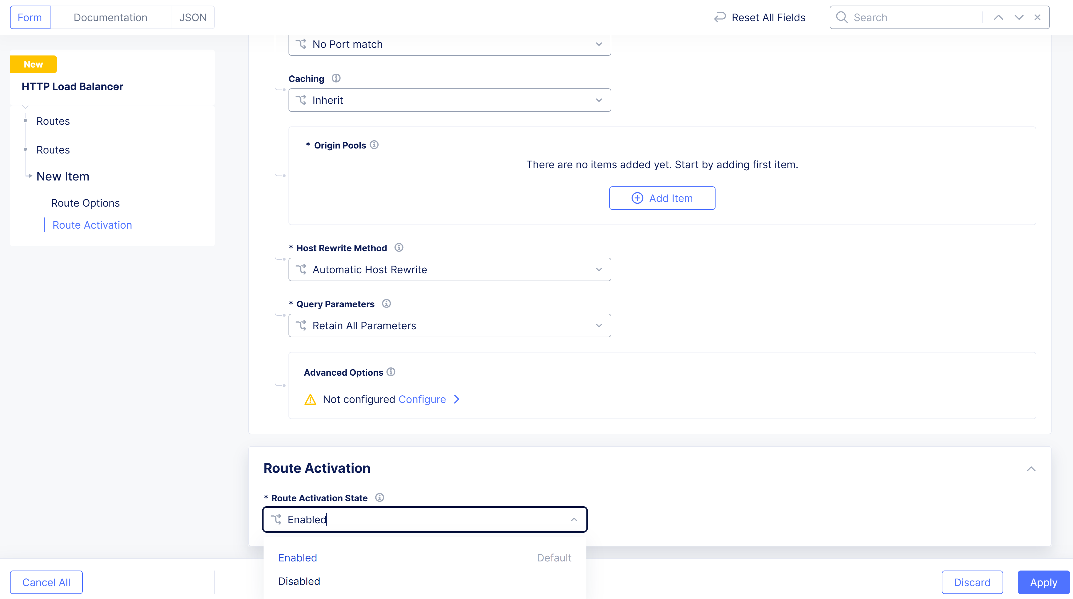 Figure: Route Activation Configuration