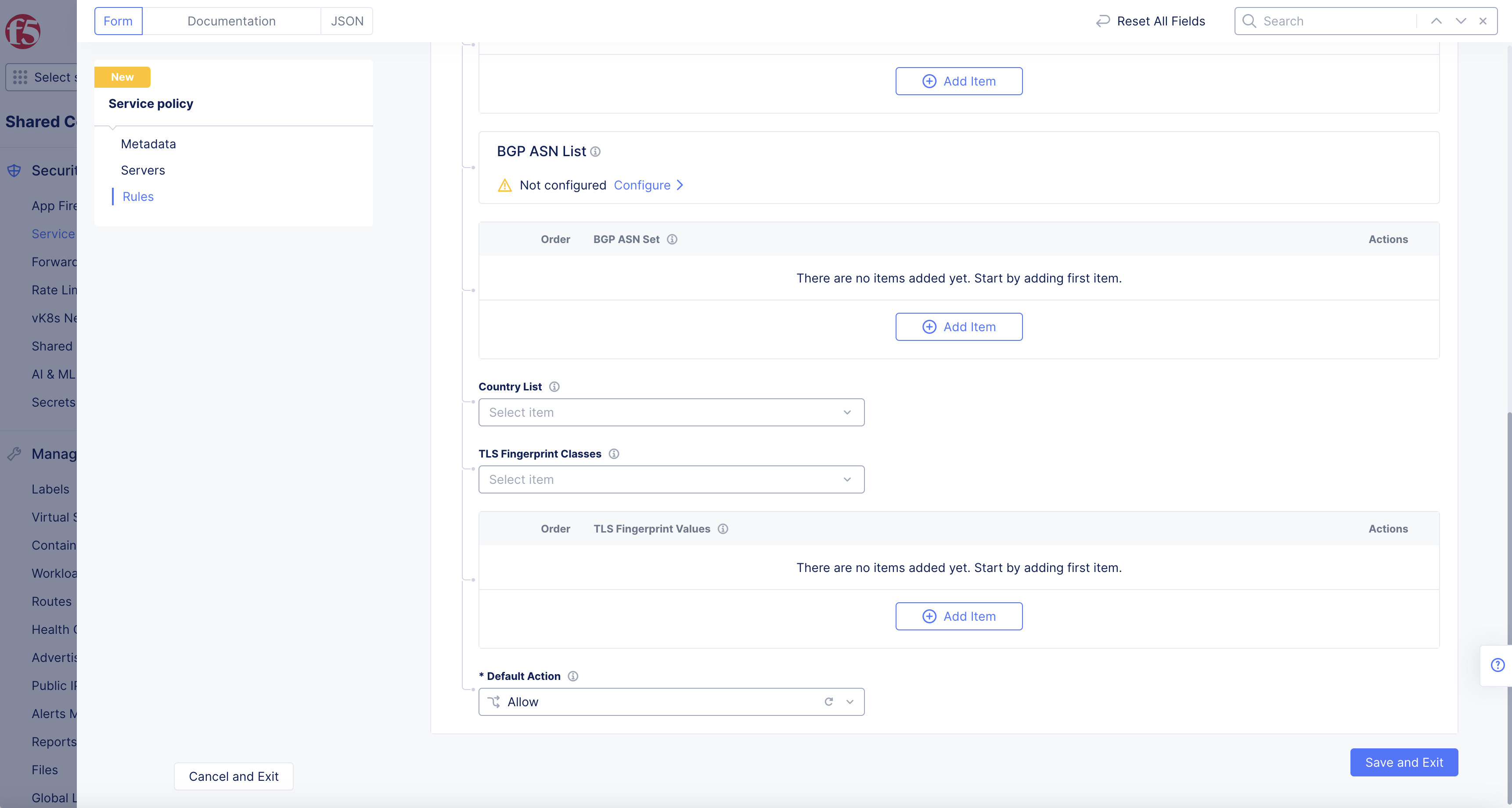Figure: Service Policies Default Action
