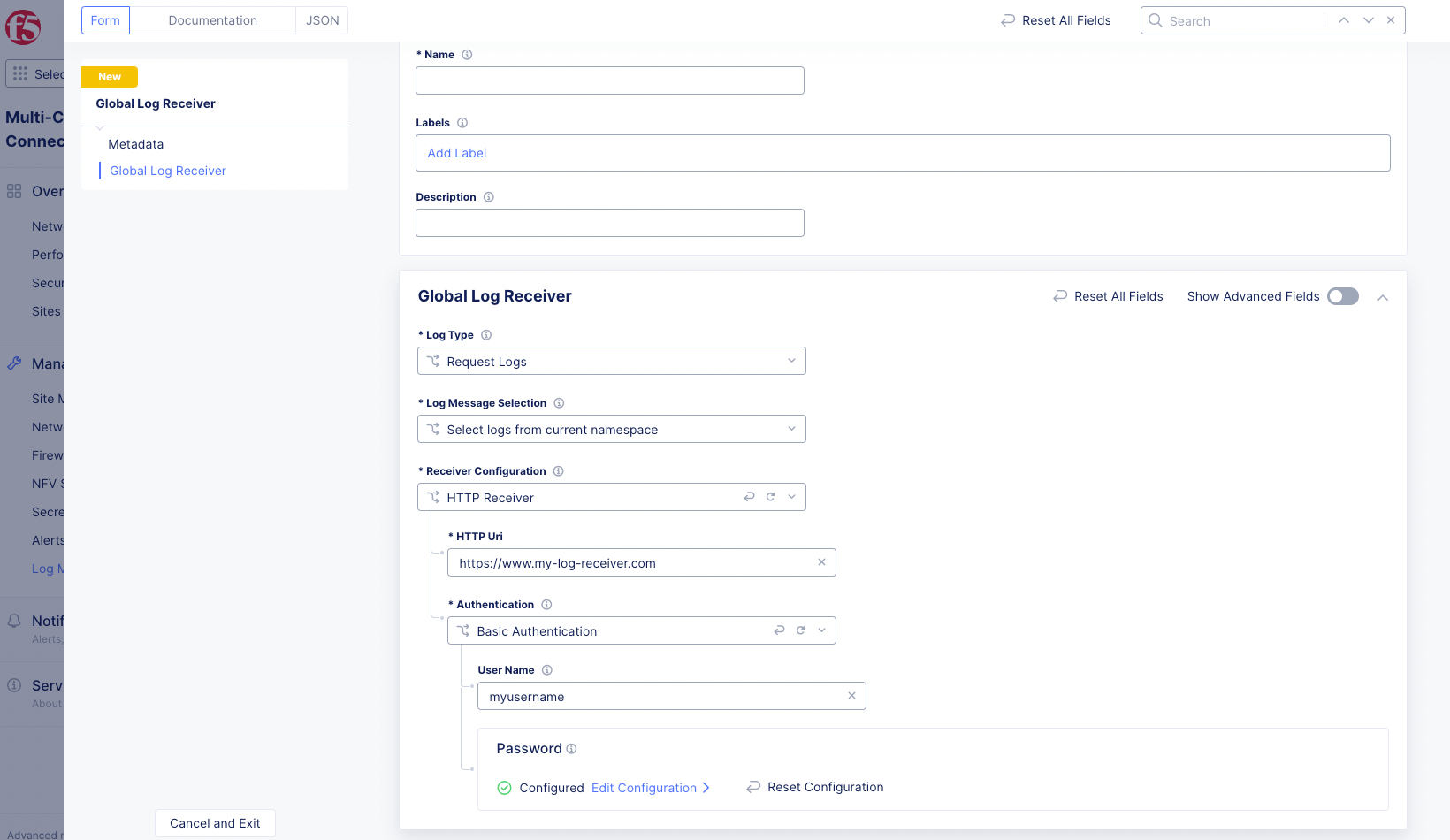 Figure: HTTP Global Log Receiver Configuration